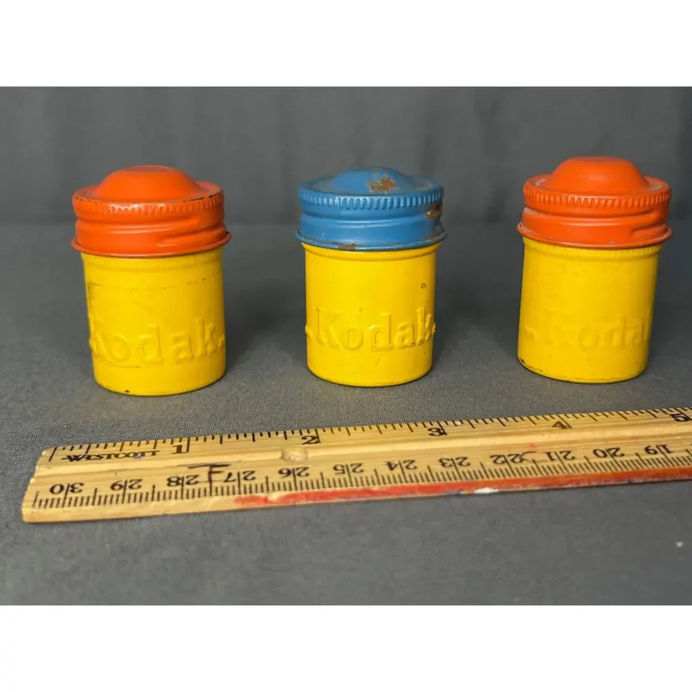 Lot of 3 Vintage Kodak Film Cans Yellow Blue/Red Top